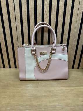 bebe Los Angeles Pink and Cream Multi-Compartment Satchel with Gold Chain Detail